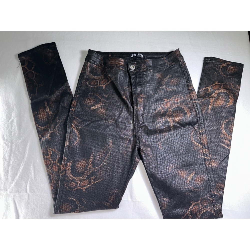JC & JQ Jeans Womens Snakeskin Print High Rise Skinny Pants Bronze Black L